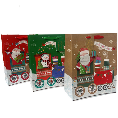 Christmas Santa and Snowman Riding the Train on Brown, Green and Red