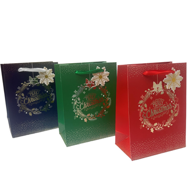 Christmas Red, Green and Blue Bags with Gold Wreath and Snowflakes