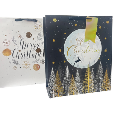 Christmas Large Full Moon with Flying Reindeer on Black, ''Merry Christmas'' Text with Gold Glitter Dots and Snowflakes