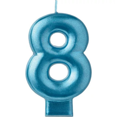 Blue metallic birthday cake candle #8 Number Eight