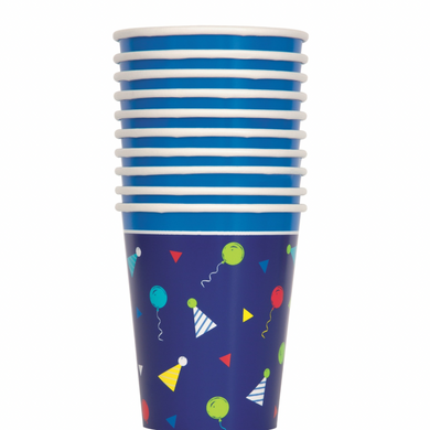 Close-up of confetti birthday design on paper cups