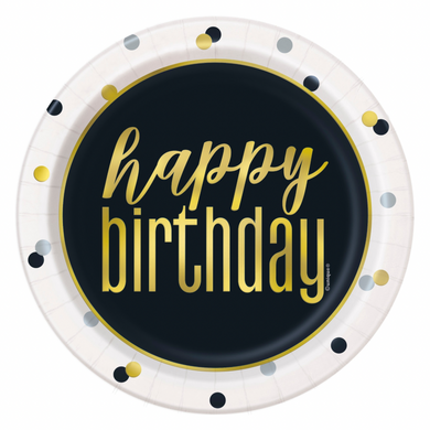 Disposable paper plate with black and white design and gold accents