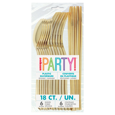 The image showcases a full set of metallic gold plastic cutlery – forks, knives, and spoons – displayed in neat stacks, packaged for easy storage and ready to dazzle your guests.