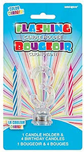 LED Multicolor Flashing Candle Holder Number 3 Cake Topper