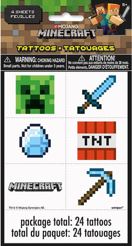 24-pack of Minecraft temporary tattoos with pixel-style gaming designs for kids’ parties