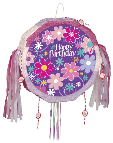 Birthday Blossoms drum pull pop out piñata with floral design for kids birthday party