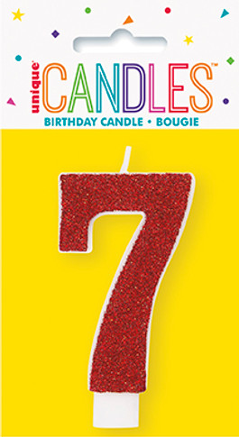 Glitter number 7 birthday candle in assorted colors.