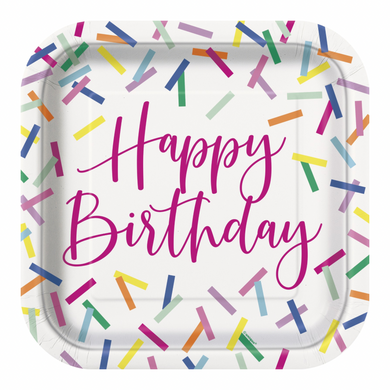 Square paper plates with sprinkles and Happy Birthday design