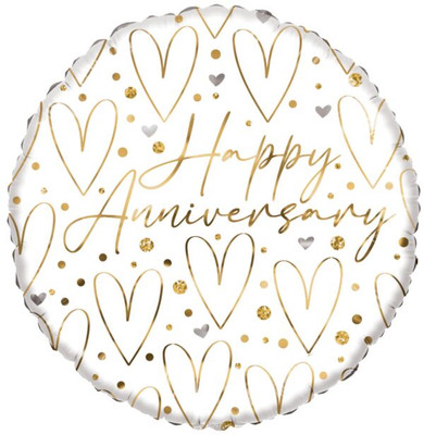 18-inch Happy Anniversary Round Foil Balloon with gold hearts and glitter dots on white