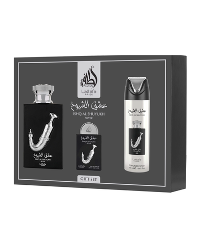 Lattafa Ishq Al Shuyukh Silver 3-Pc Gift Set Eau de Parfum 100ml