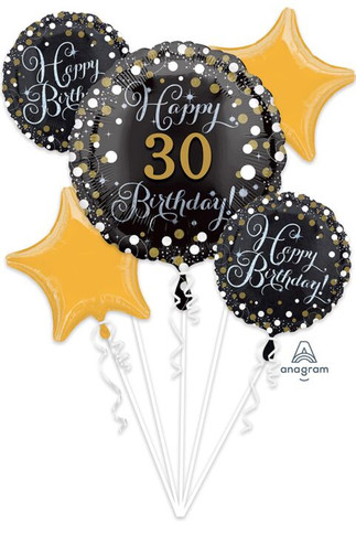 Anagram Sparkling Birthday Personalize It black and gold foil balloon bouquet
