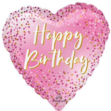 Happy Birthday Sparkle Heart Foil Balloon – 17-Inch Pink & Gold Confetti Design