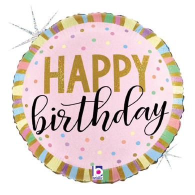 Pink Happy Birthday balloon with gold lettering and pastel striped border