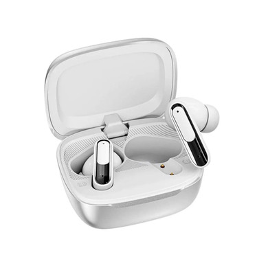 RCA WAVE-45 white earbuds placed inside the open charging case