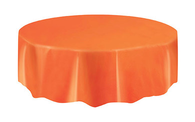 Unique Party 84-inch round orange plastic tablecloth ideal for birthdays, holidays, and festive gatherings