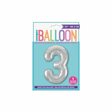 Shiny silver number 3 foil balloon for birthday decoration