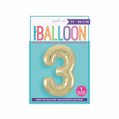 Shiny gold number 3 foil balloon for birthday decoration