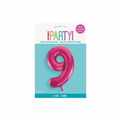 Oversized pink foil balloon shaped like number nine
