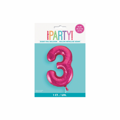 Vibrant hot pink number 3 foil balloon for birthday decoration