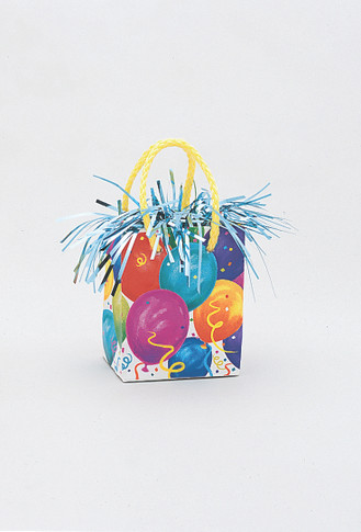 Mini gift-bag style balloon weight measuring 5 by 3 inches