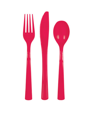 Red plastic cutlery set including fork, knife, and spoon