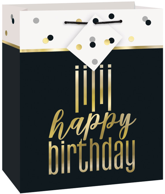 Black and gold Happy Birthday gift bag with elegant lettering, confetti accents, and a matching gift tag.