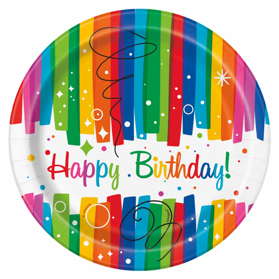 Party plate showing Happy Birthday wording with rainbow accents