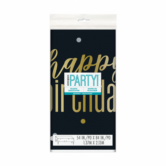 Black and gold Happy Birthday table cover (54 in x 84 in)
