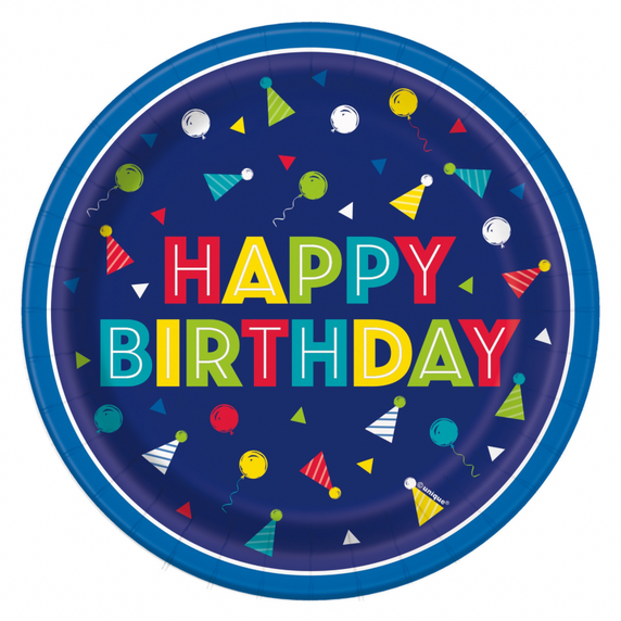 Close-up of blue Happy Birthday message on plates