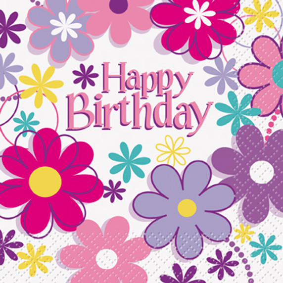 Happy Birthday Blossoms Beverage Napkins - 16 count, 2-ply with vibrant blossom design and "Happy Birthday" text.