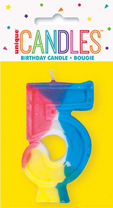 Front view of the packaged Rainbow Number 5 Birthday Candle in multicolor.