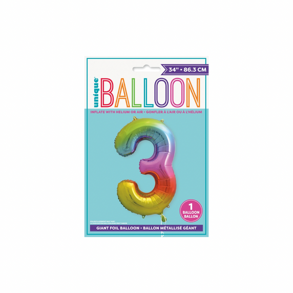 Large rainbow number 3 foil balloon for birthday decoration