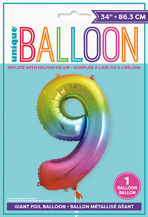 34" Rainbow Foil Balloon Number 9