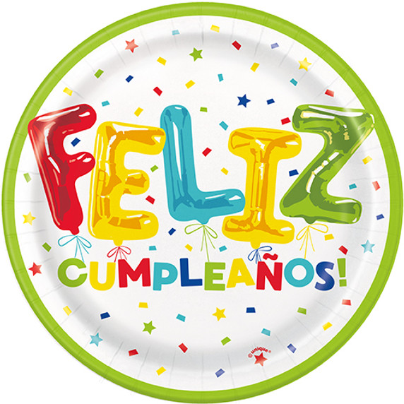7" Feliz Cumpleanos (Spanish Happy Birthday) Balloon Décor Birthday Plates  8ct