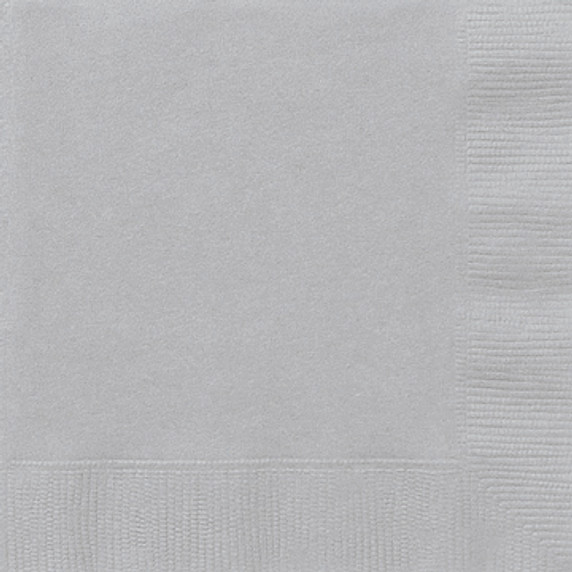 Pack of 20 Unique Silver Napkins wrapped in plastic packaging, showing the label with product details.
