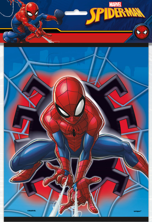 Marvel Spider-Man loot bags featuring Spider-Man in an action pose with a web-themed background, packaged in an 8-count set.