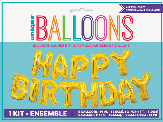Happy Birthday Gold Balloon Kit - 13 Piece Set, featuring shiny gold foil balloons spelling "HAPPY BIRTHDAY."