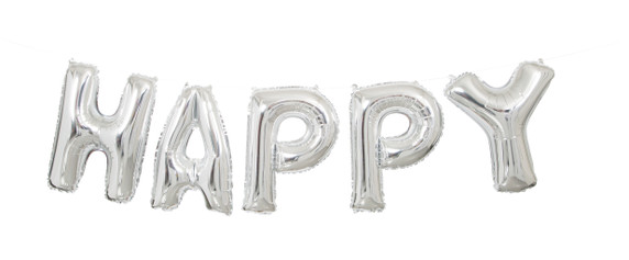 Silver "HAPPY" letter balloon banner displayed on a white background.