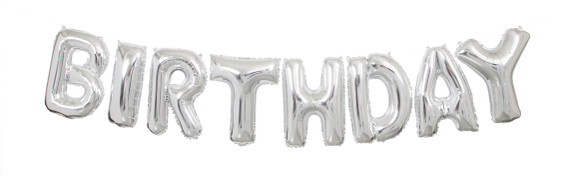 Silver "BIRTHDAY" letter balloon banner displayed on a white background.