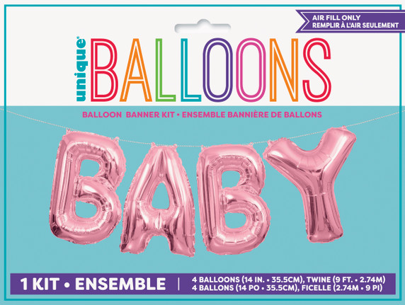 Pink foil balloon banner spelling "BABY" with included twine, designed for baby showers or gender reveal parties.