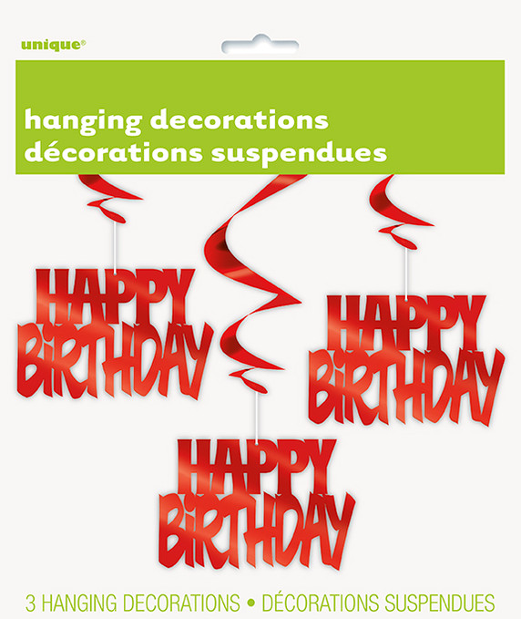 Happy Birthday Red Foil Hanging Swirl Decorations 32" 3ct