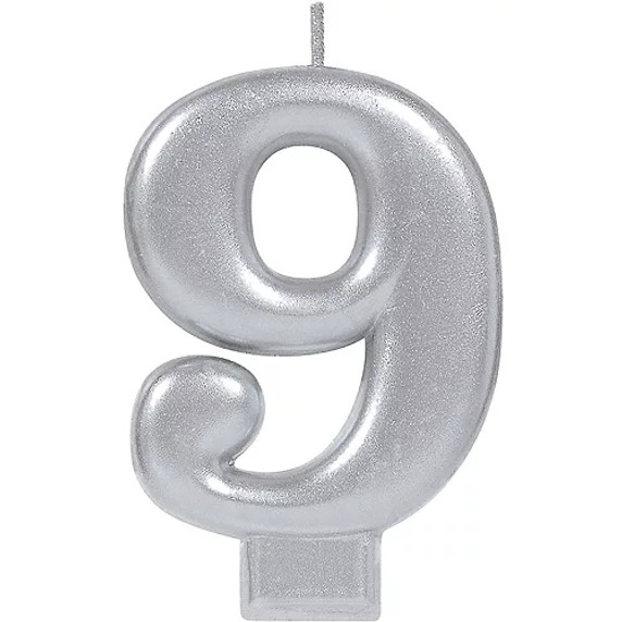 Silver metallic birthday cake candle #9 Number Nine