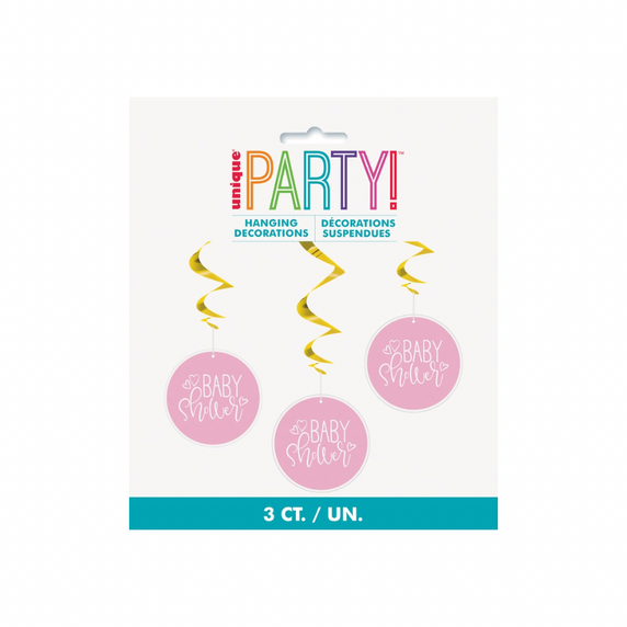 Pink baby shower hanging swirl decorations 3ct