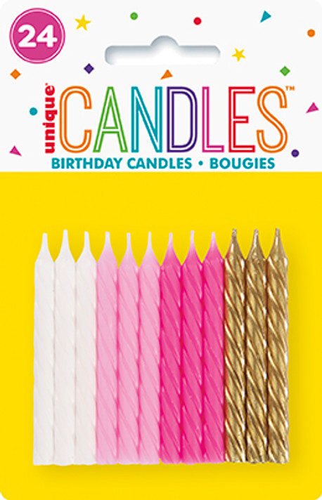 Pink , White & Gold Spiral Birthday Candles 24ct
