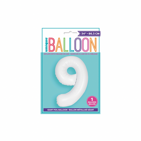 Large white numeral nine balloon with soft finish