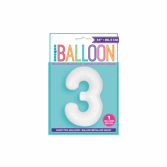Large white numeral three balloon for party setup