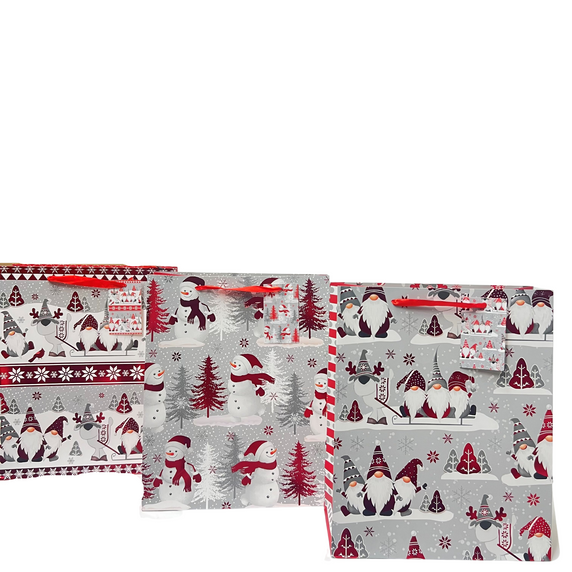 Christmas Gnomes on Gray, Snowman on Red, Gnomes with Snowflakes on Red Medium Bags