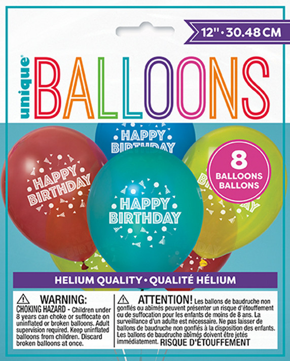 12-inch multi-colored “Happy Birthday” balloons, 8 count party balloons