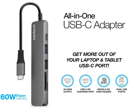 Introducing the Naztech 6-in-1 USB-C Adapter Hub ?

Experience connectivity reimagined! Designed exclusively for USB-C devices, this hub brings a world of possibilities to your fingertips. Fast 60W Power Delivery charging ensures your devices are always ready, while 5 Gbps data transfer enables swift file sharing. Immerse in stunning 4K visuals via HDMI, and effortlessly access memory cards. Simplify your tech life with Naztech – where convenience meets innovation