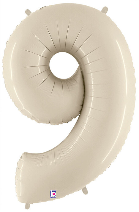 A 34-inch white sand-colored foil balloon shaped like the number 9, perfect for elegant and sophisticated celebrations.